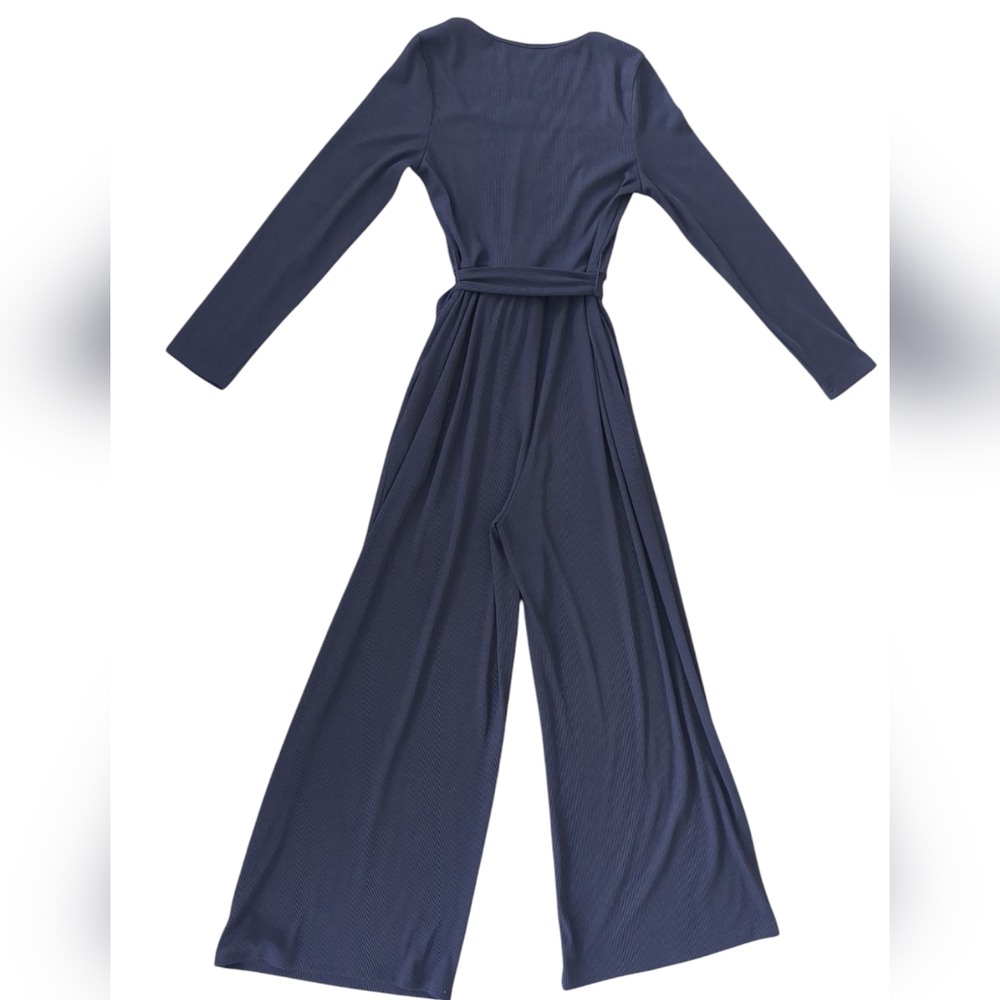 Women's Navy Blue Long Sleeve Square Neck Belted Wide Leg Jumpsuit (Size M) - Picture 8 of 8